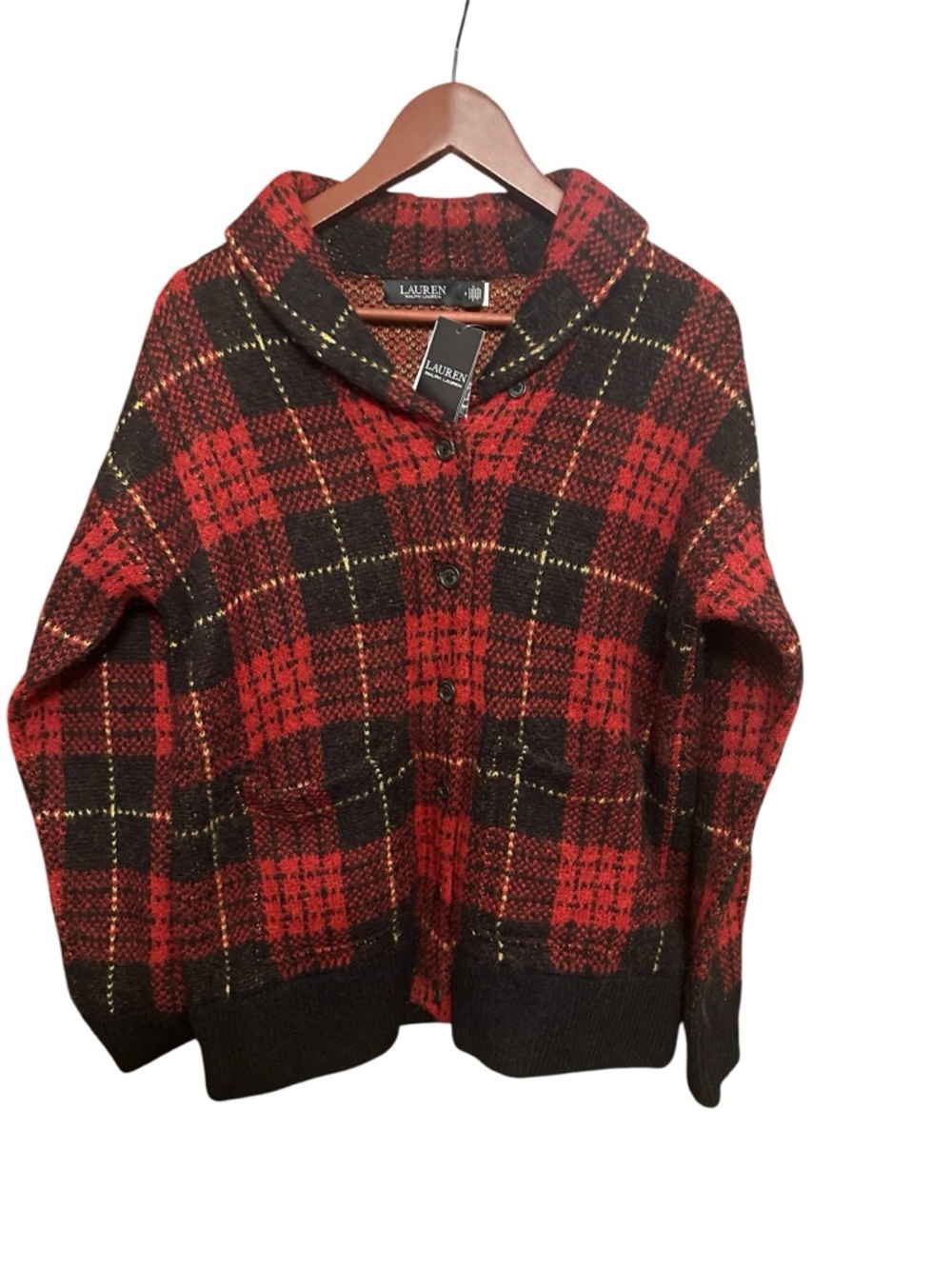 NWT $295 Lauren Ralph Lauren Plaid Shawl-Collar Cardigan Sweater Alpaca Wool